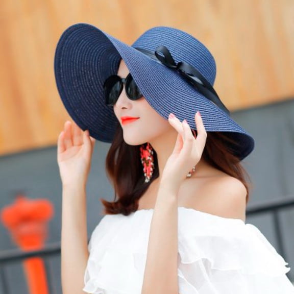 Womens Sun Straw Hat Wide Brim UPF 50 Summer Hat Foldable Roll up Floppy Beach Hats for Women,Navy