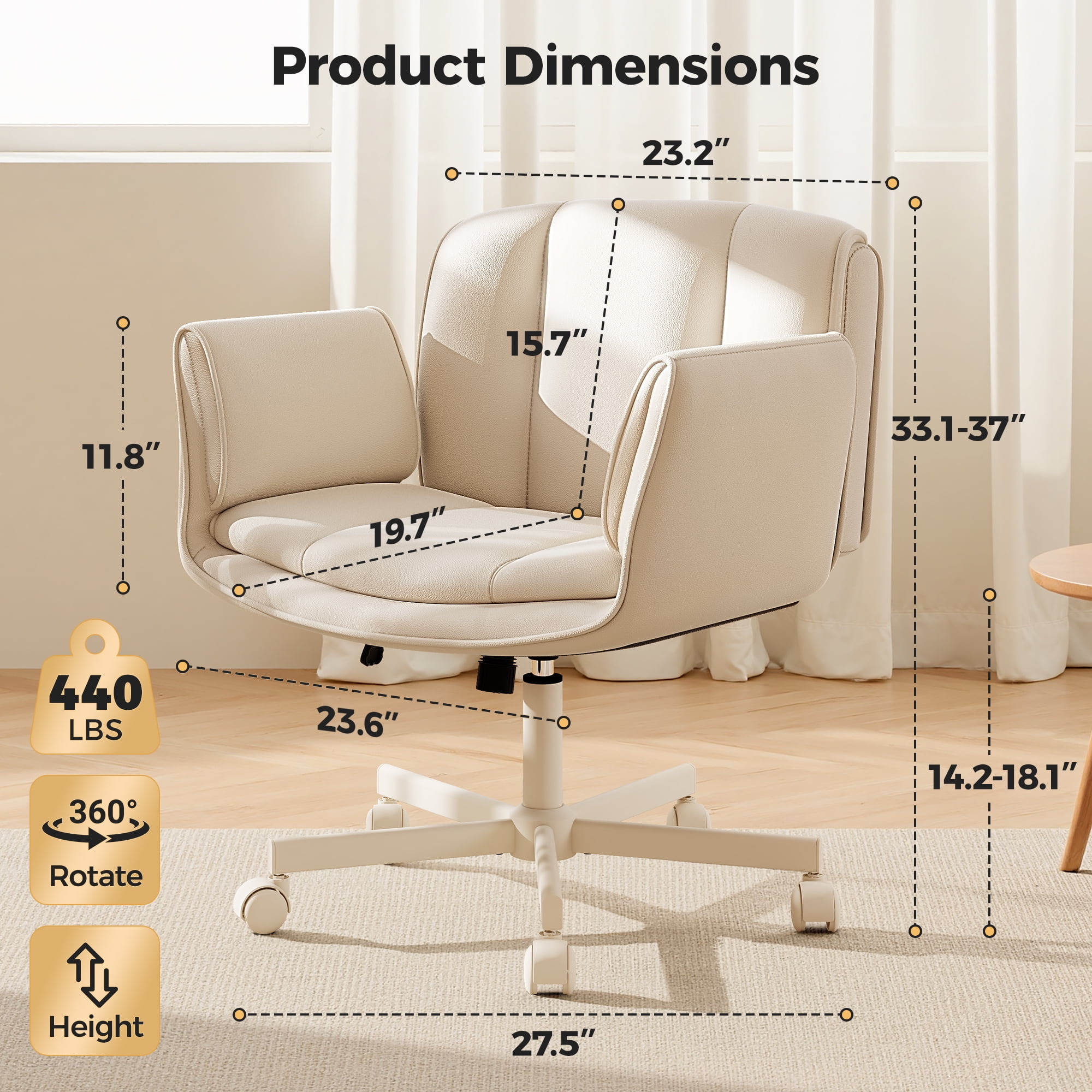 COOLHUT Criss Cross Office Chair with Armrests and Wheels, PU Leather Vanity Chair, Comfy Adjustable Swivel Computer Office Desk Chairs for Home Office, Make Up, Bedroom, Beige