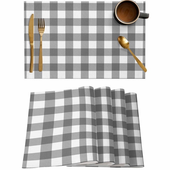 Gray and White Plaid Placemats Set of 4,Wipeable Washable Table Mats for Dining Tables,Rustic Country Style Place Mats for Kitchen Event Party Tabletop Decor