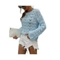 thumbnail image 5 of Qmyliery Women Trendy Hollow-Out Tops, Crochet Solid Color Crew Neck Long Sleeve Knitted Tops with Flare Cuffs for Ladies, S/M/L/XL, 5 of 9