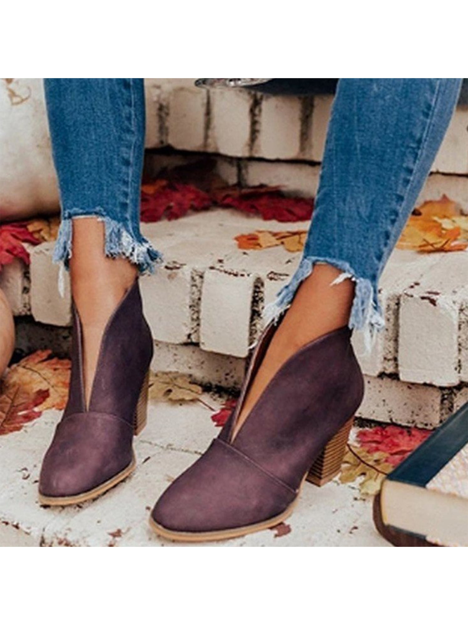 Daeful Women Stacked Heel Bootie Pointy Toe Boot Slip On Ankle Booties Work Comfort High V cut Shoes Wine Red 8 Walmart