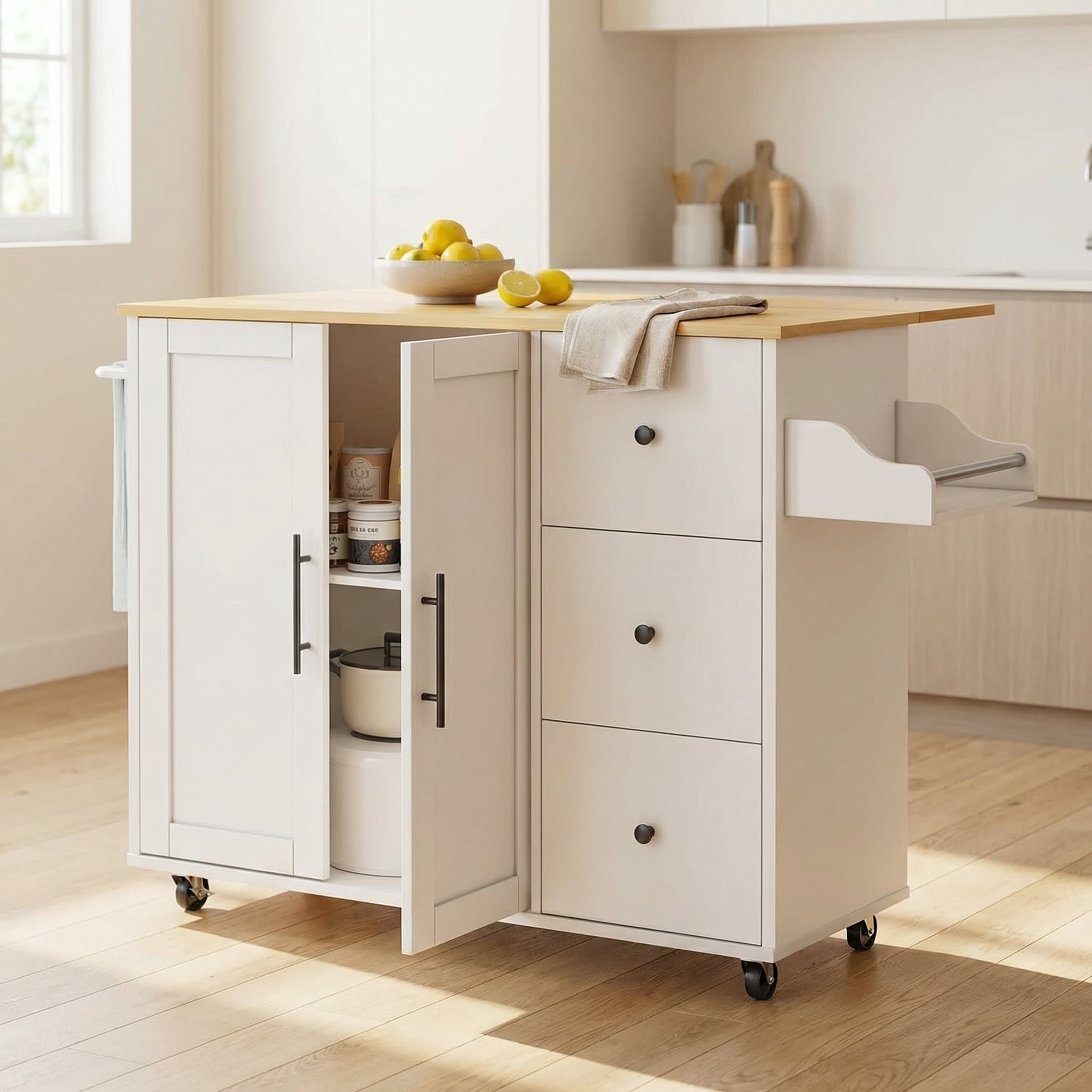 Rolling Kitchen Island Cart with Drop Leaf – Expandable White Cart with Drawers, Spice Rack & Towel Holder