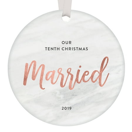 Our 10th Christmas Married 2019 Ornament 10 Years Mr & Mrs Dated Wedding Anniversary Gift Ideas Tenth Holiday Best Friends Marriage Keepsake Modern Rose Gold Marble 3