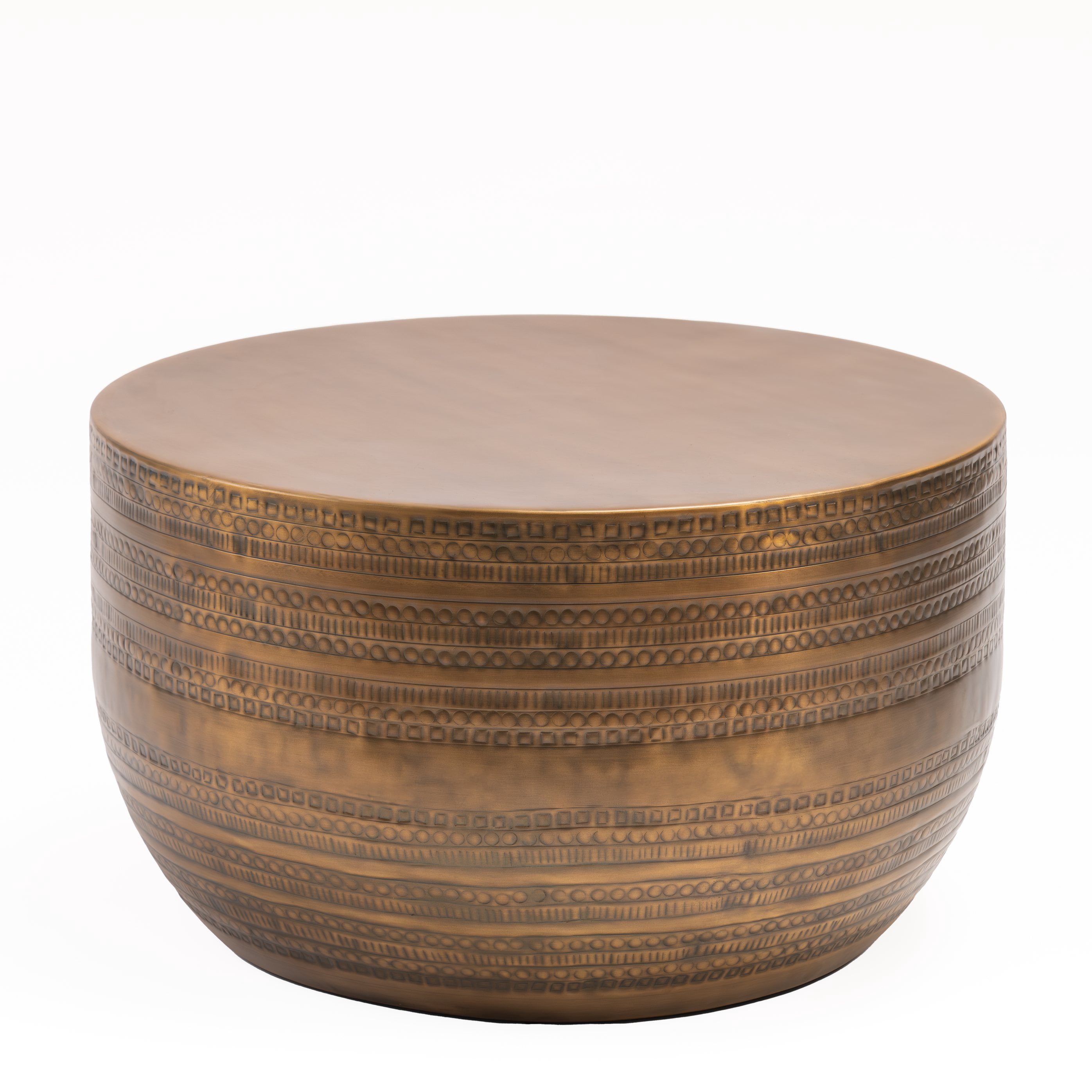 Modern Round Aluminum Hammered Embossed Texturing Metal Drum Coffee Table, Hand-Stamped Iron, Boho Accent Cylinder Drum Coffee Table, Cocktail Table,Brass