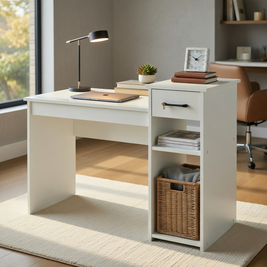 Spaco Computer Desk PC Laptop Table with Drawer and Shelf-White, Office Desk, Gaming Computer Desks for Study,Working,Writing