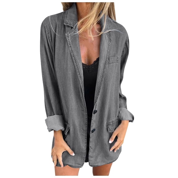 XPMWRP Women's Lightweight Denim Jacket Oversized Long Sleeve Notched Lapel Collar Coat Solid Color Casual Button Jackets Gray S