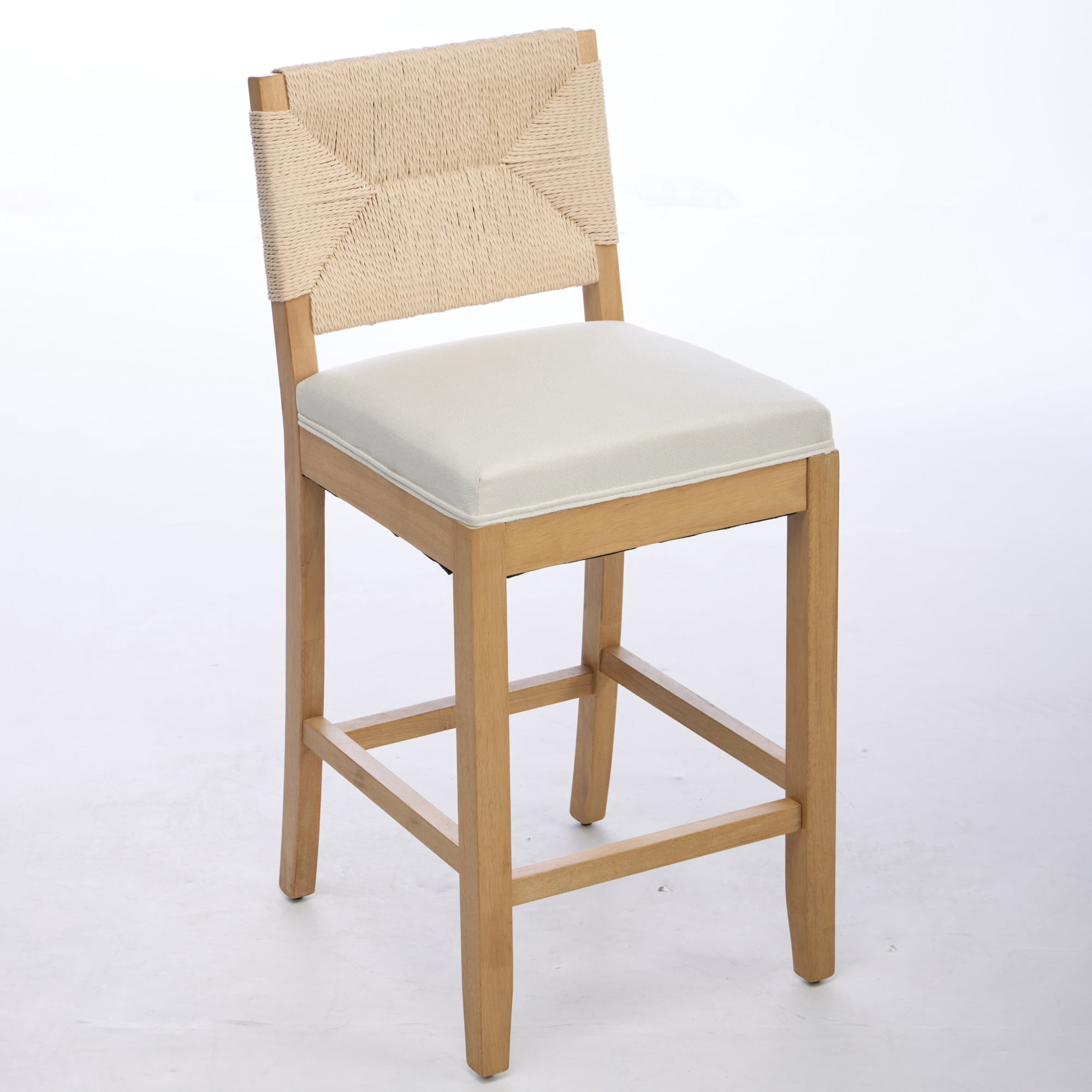 Garitin Bar Stool Set of 2 and Hand Woven Rattan Counter Stools, 27 Inch Seat Height with Linen Cushion for Kitchen Island, Beige