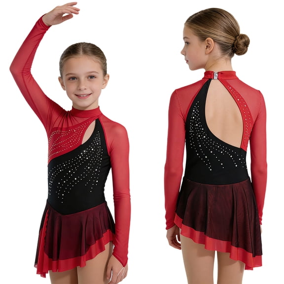iiniim Girls Color Block Irregular Skirt Modern Figure Ice Skating Dress Rhinestone Lyrical Ballet Dancewear Burgundy 8