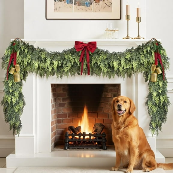 WVSAFV 9ft Christmas Cedar Garland Pretty Thickness and Soft, Real Touch Faux Full Cedar Pine Garland for Fireplace, Porch, Outdoor & Indoor Holiday Decorations