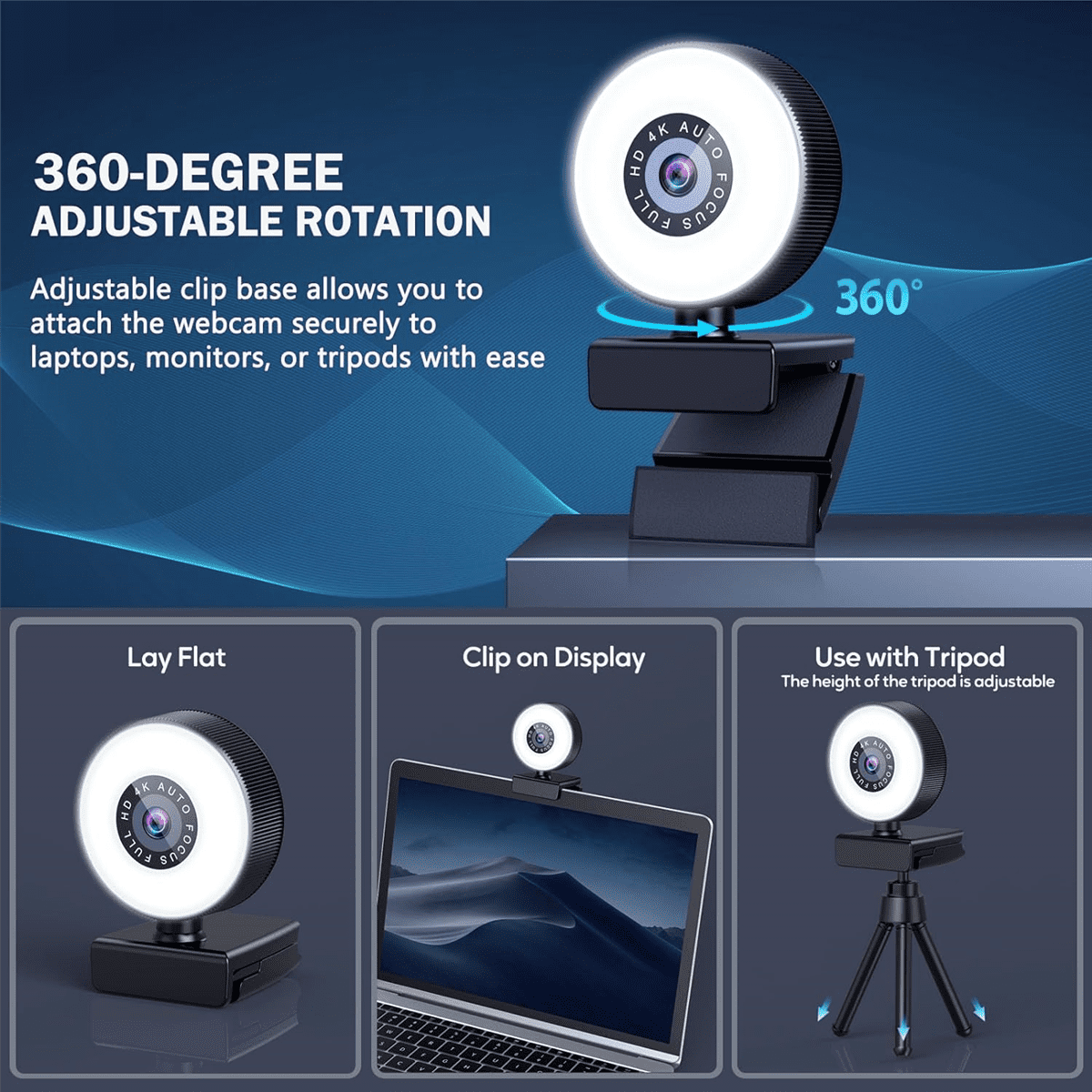 4K HD Autofocus Webcam with Microphone, Adjustable Light Computer Camera USB Webcam for Laptop Desktop Video Calling plastic Black