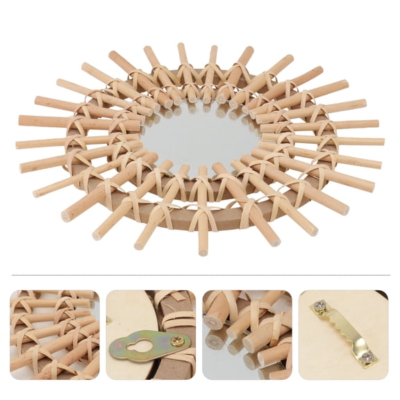 ifundom 1Pc Woven Rattan Makeup Mirror Wall Mounted Khaki Handmade Decorative Wall Art Mirror
