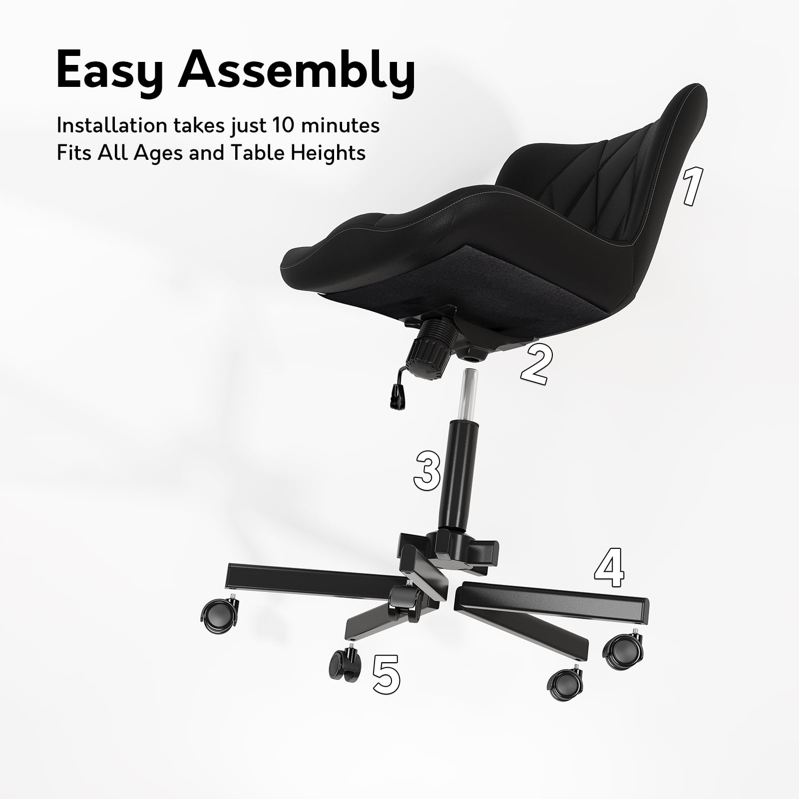 iooHug Armless Office Chair, PU Leather Small Computer Desk Chair with Wheels, Adjustable Swivel Vanity Chair with Memory Foam Cushion, No Arms Task Chair for Home Office, Bedroom, Black
