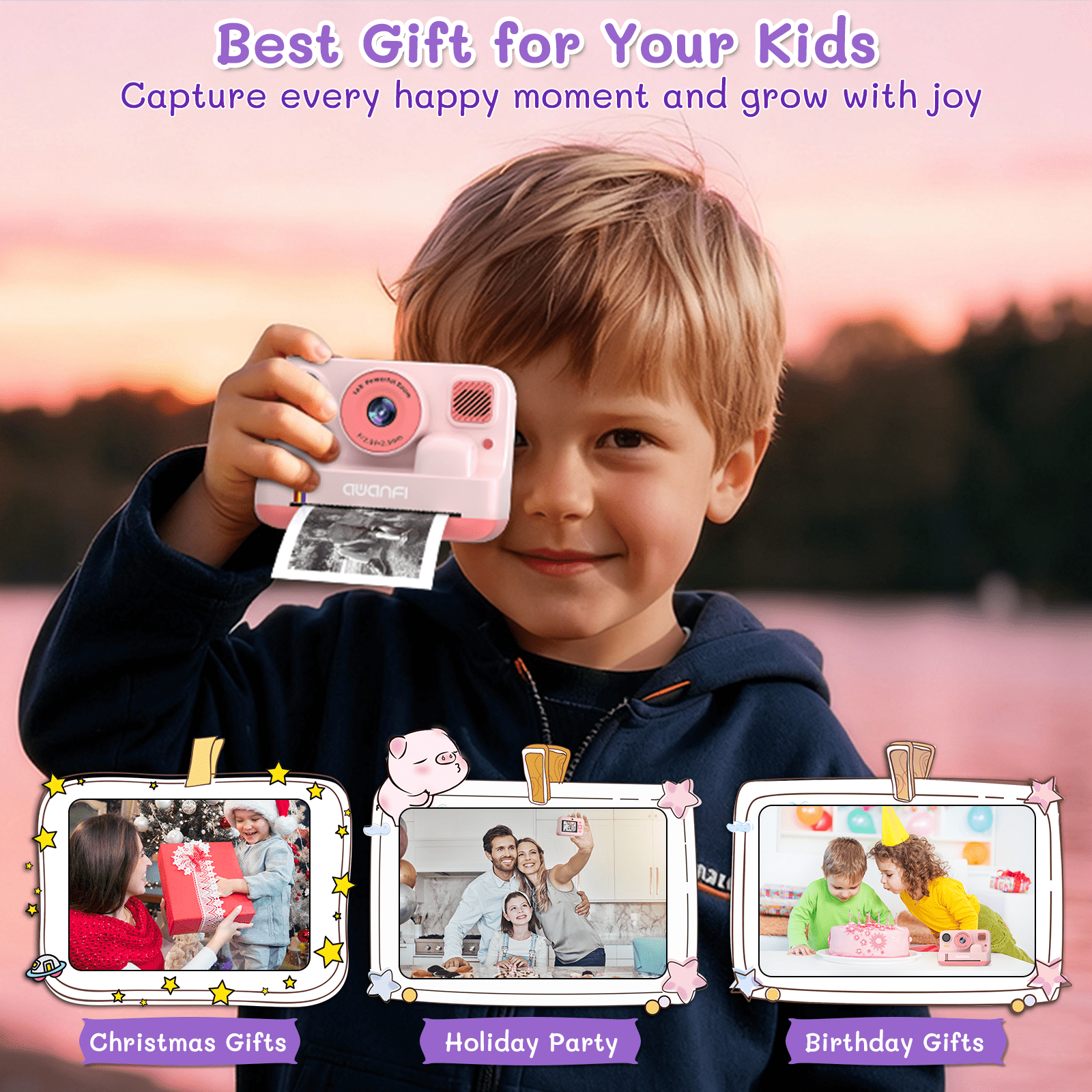 AWANFI Instant Print Camera Kids with 32G SD Card and Printing Paper, Portable Digital Cameras Toys for Boys & Girls Age 3-12 Birthday Gifts - Pink