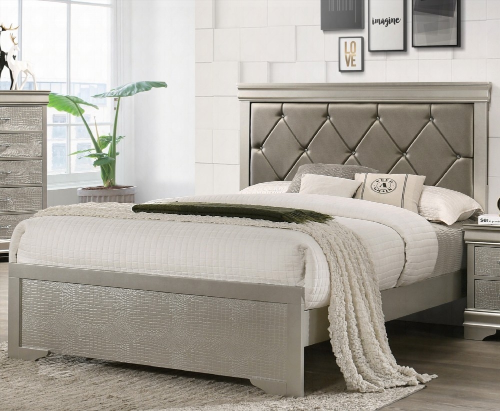 King Size wooden platform bed frame with beige champagne finish and crocodile texture upholstered headboard, silent and stable for master bedroom.