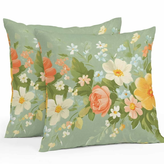 Waterproof Throw Pillow Covers Set of 2, 16x16 Inch Wildflowers Decorative Pillowcases Outdoor Pillow Slip Cushion Covers Set for Couch Tent Summer Pastoral Retro Oil Painted