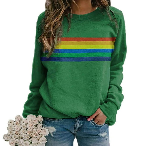 Women's Colorful Striped Printed Round Neck Pullover Long Sleeve Tunics Tops