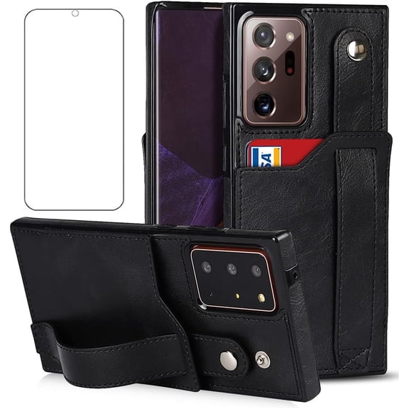 Design for Samsung Galaxy Note 20 Ultra/Note20 Plus Phone Case with Screen Protector Adjustable Wrist Strap Kickstand Credit Card Slot Shockproof Hybrid Rugged Protective Cover for Men 6.9" Black