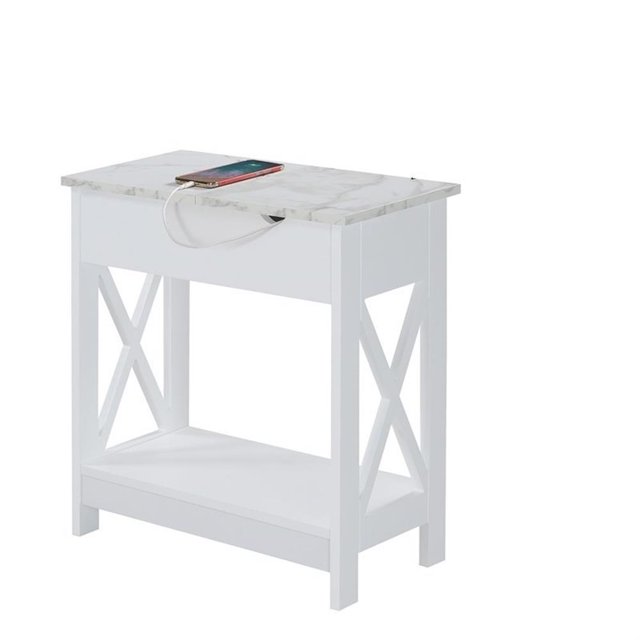 Pemberly Row Table d'Appoint à Dessus Rabattable avec Station de Charge et Étagère en Finition Bois Blanc