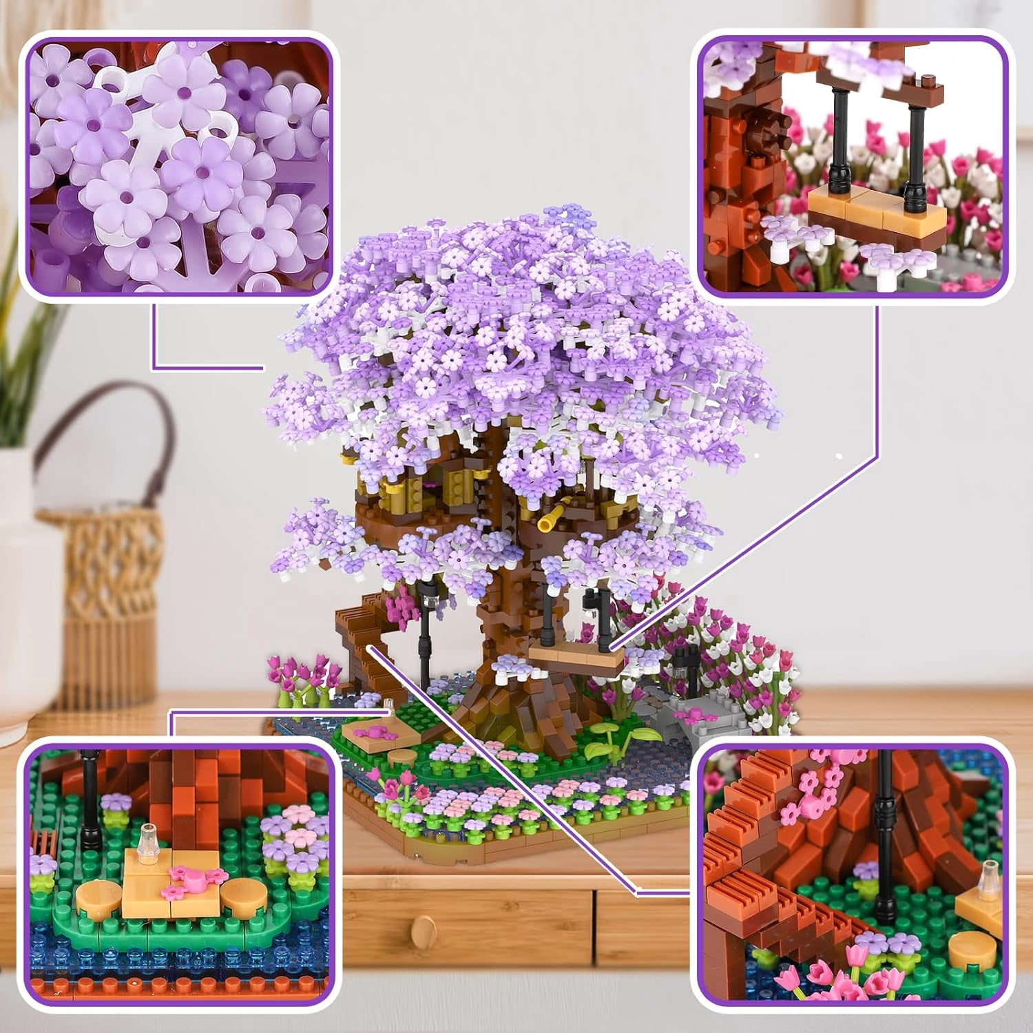 Cherry Blossom Bonsai Tree Mini Micro Building Set, Japanese Sakura Tree House Model Sets for Adults, Flowers House Mini Bricks Building Kit, Creative Gift Toys for Kids 12-14