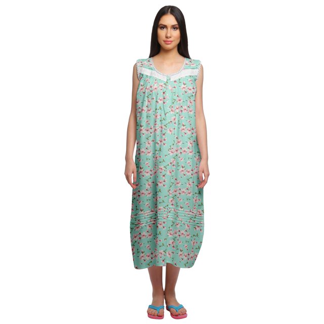 Moomaya Chemise de Nuit Imprimée pour Femmes Mi-Longue en Coton avec Manches
