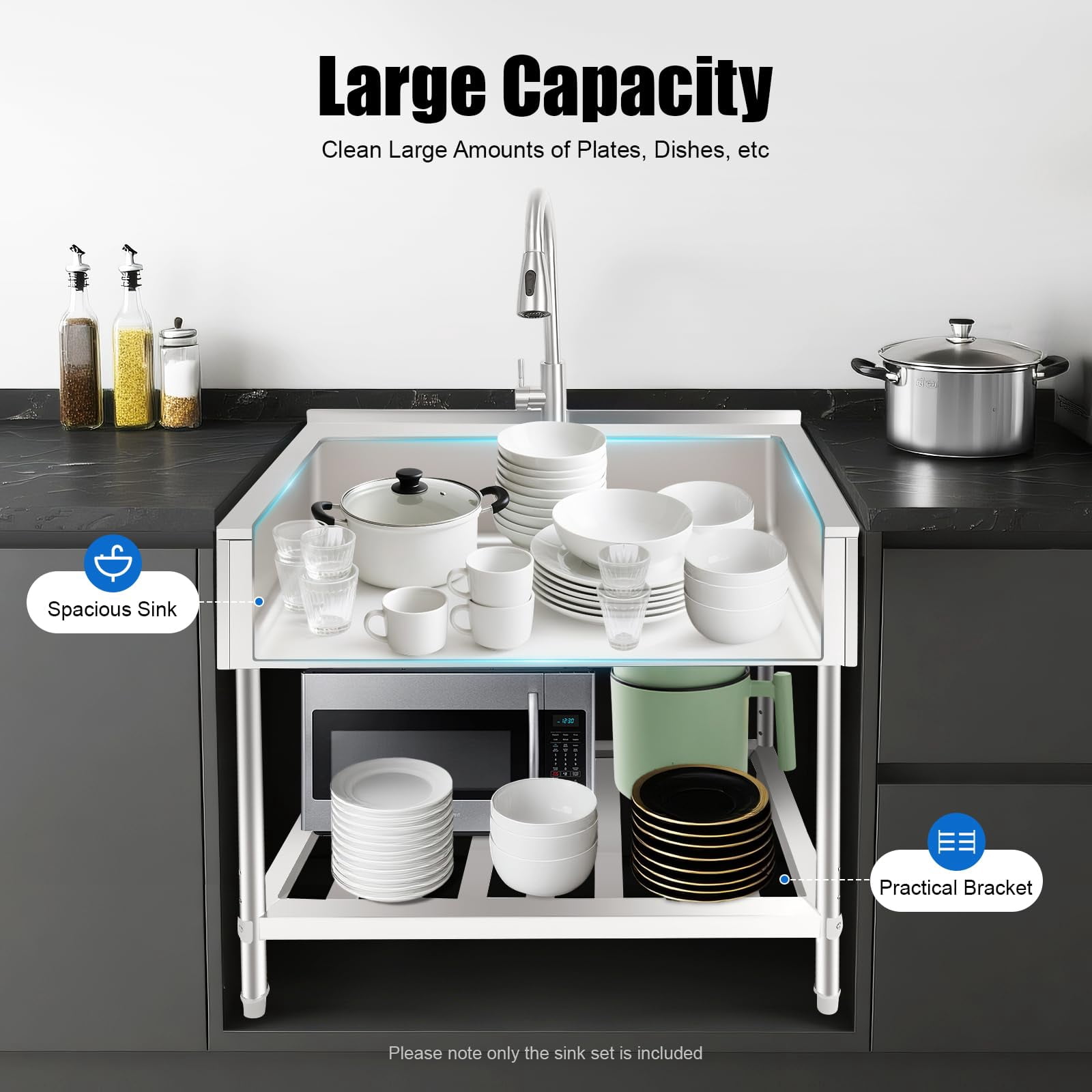 Miumaeov Utility Sink Free Standing, 35.8" Stainless Steel Utility Sink Single Bowl, Laundry Sink with Hot/Cold Faucet, Garage Sink Commercial Grade, Laundry Tub for Home Kitchen Bathroom