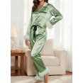 thumbnail image 3 of Womens Green Satin Stripe Pajama Set Long Sleeve Lapel Top Pants With Fur, 3 of 10