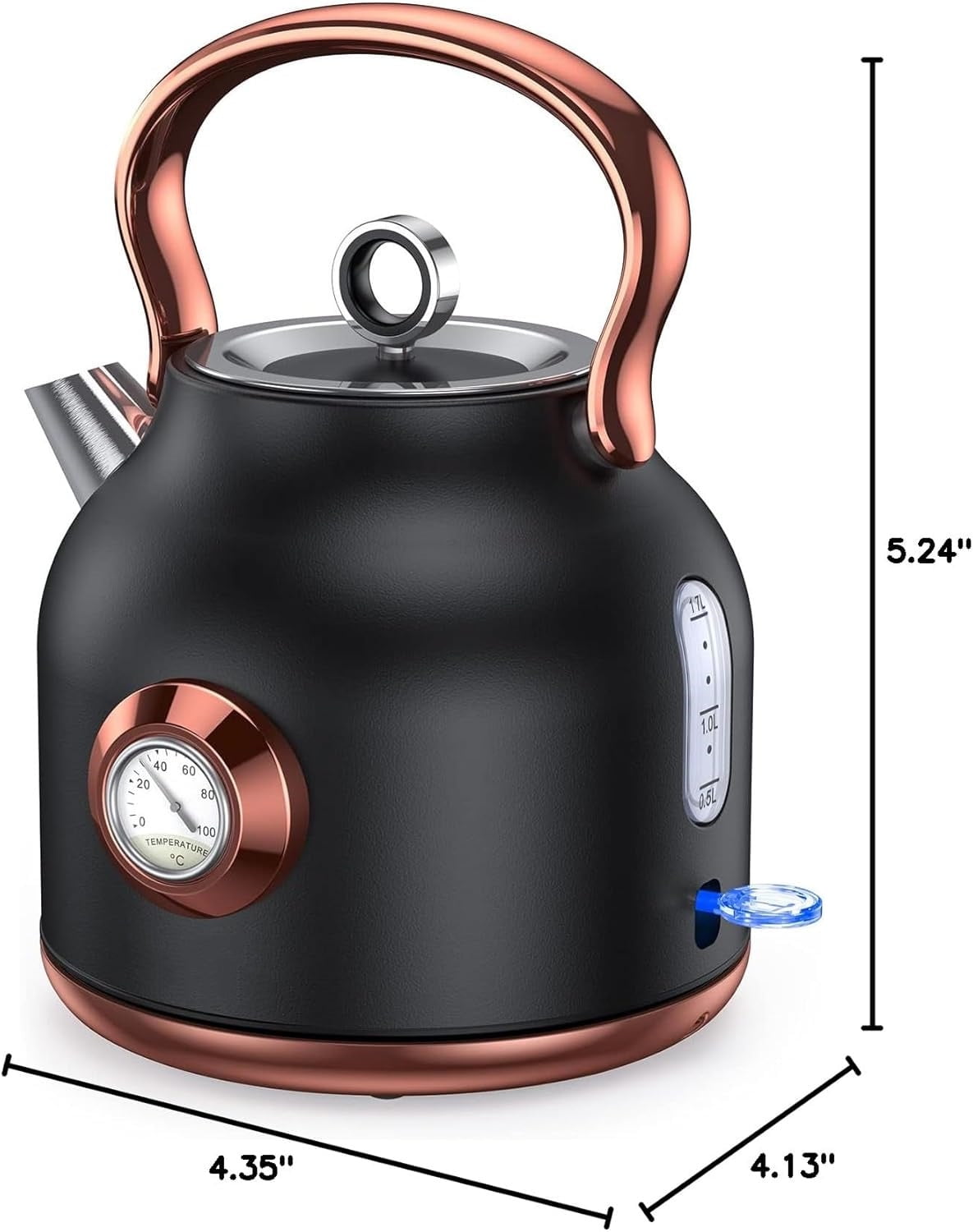 Retro Electric Kettle, 1.7L Stainless Steel Tea Kettle with Large Temperature Gauge, 1500W Fast Heating Hot Water Boiler with LED Indicator, Auto Shut-off & Boil-Dry Protection Black