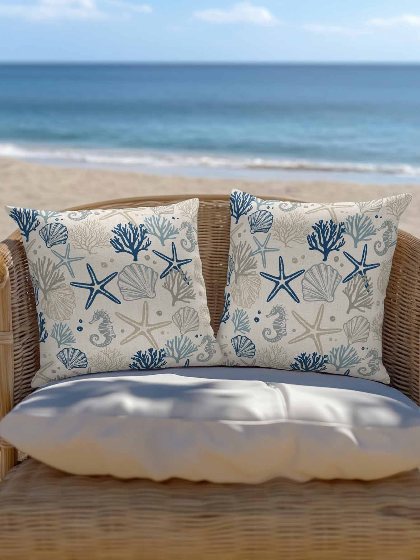 Waterproof Outdoor Throw Pillows with Inserts 18"x18", Blue Beige Coastal Soft Decorative Pillowcases for Couch Bedroom, Summer Beach Starfish Coral Nautical Rustic Pillow Covers for Sofa Living Room