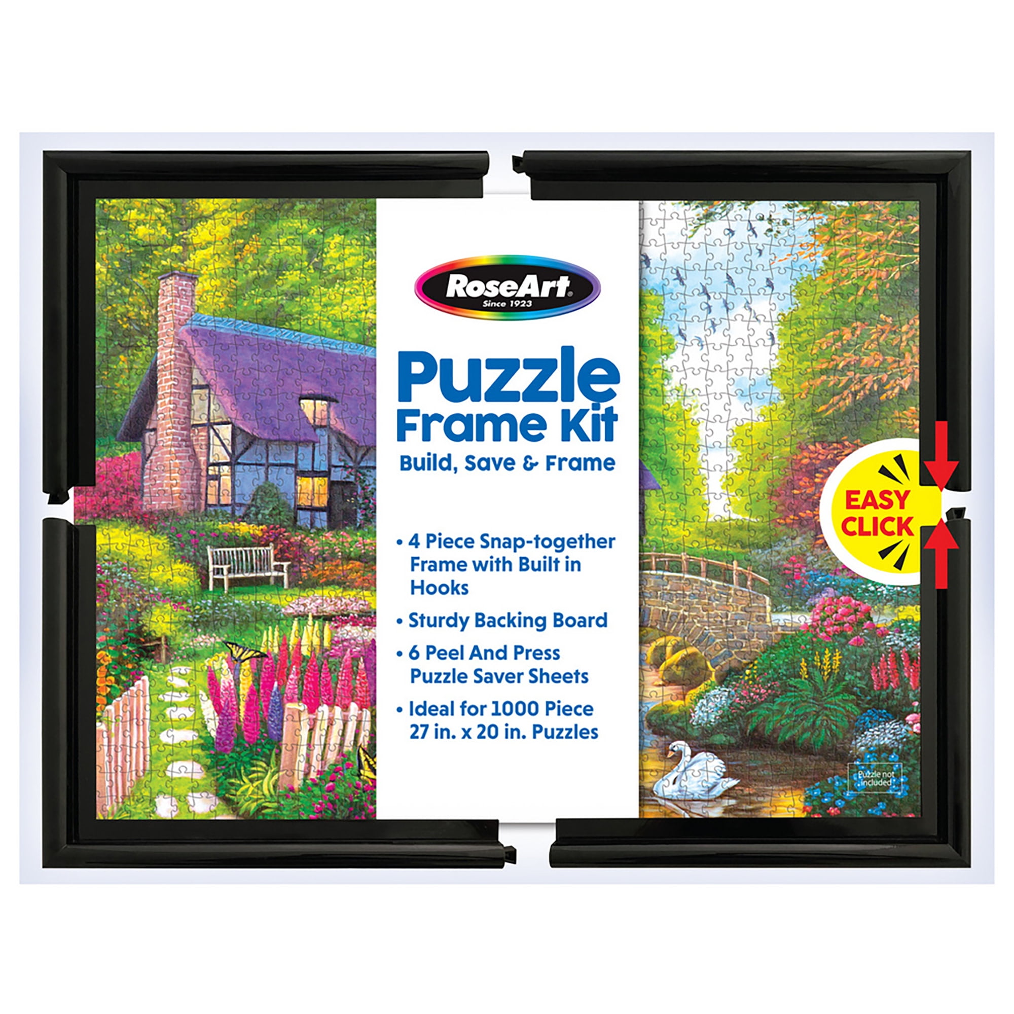 RoseArt: Puzzle Frame Kit - Ideal For 1000pc 27x20" Jigsaws, 4pc Snap-Together Black Frame, 6 Puzzle Saver Sheets, Build-Save-Frame, Display-Preserve