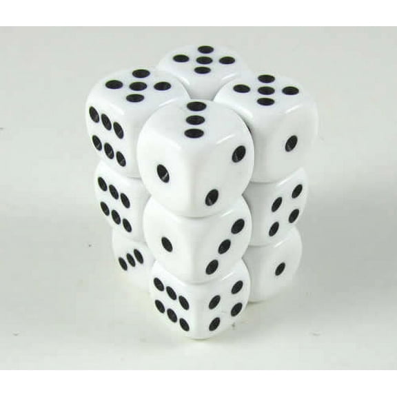 White Opaque Deluxe Dice with Black Pips D6 16mm (5/8in) Pack of 12 Koplow Games