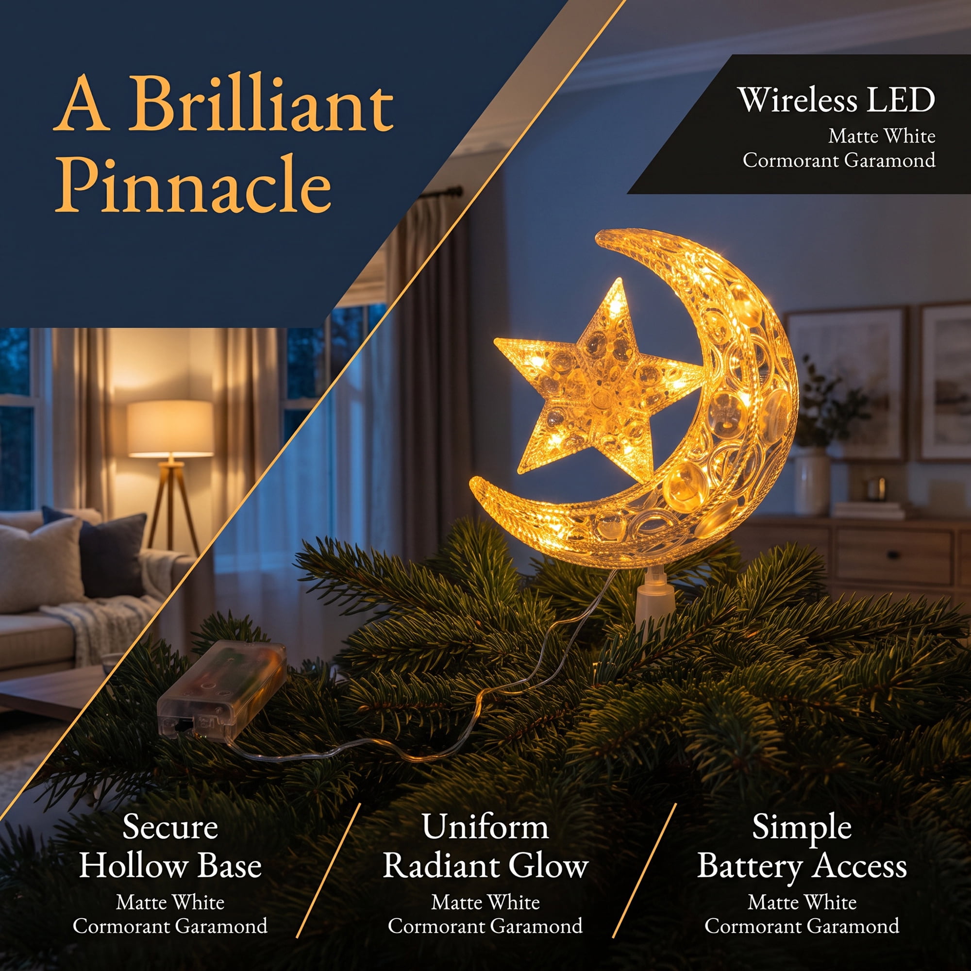 Unique Bargains Tree Finial Battery Operated Spring Mount Moon Warm White Lights 7.9"