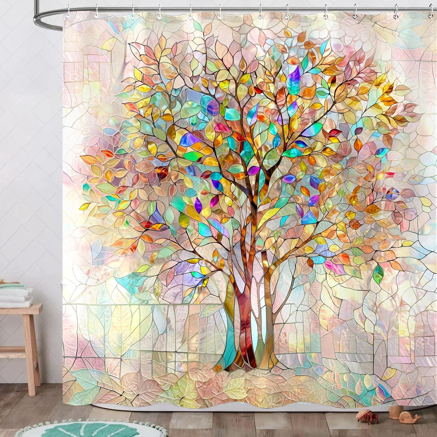 Tree of Shower Curtain Stained Glass Shower Curtain Art Life Shower Curtains for Bathroom Colorful Shower Curtain Set with 12 Hooks Tree 72×72 Inches