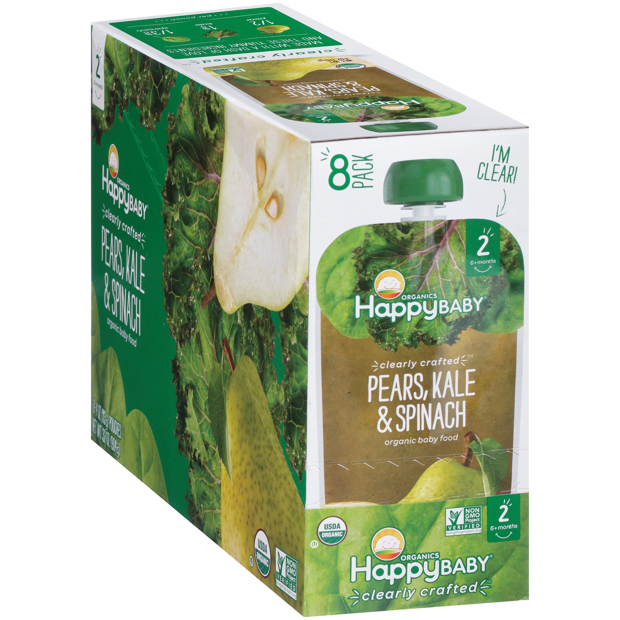 Happy Baby Organics Baby Food, Pears, Kale & Spinach, 3.5 Oz x 8