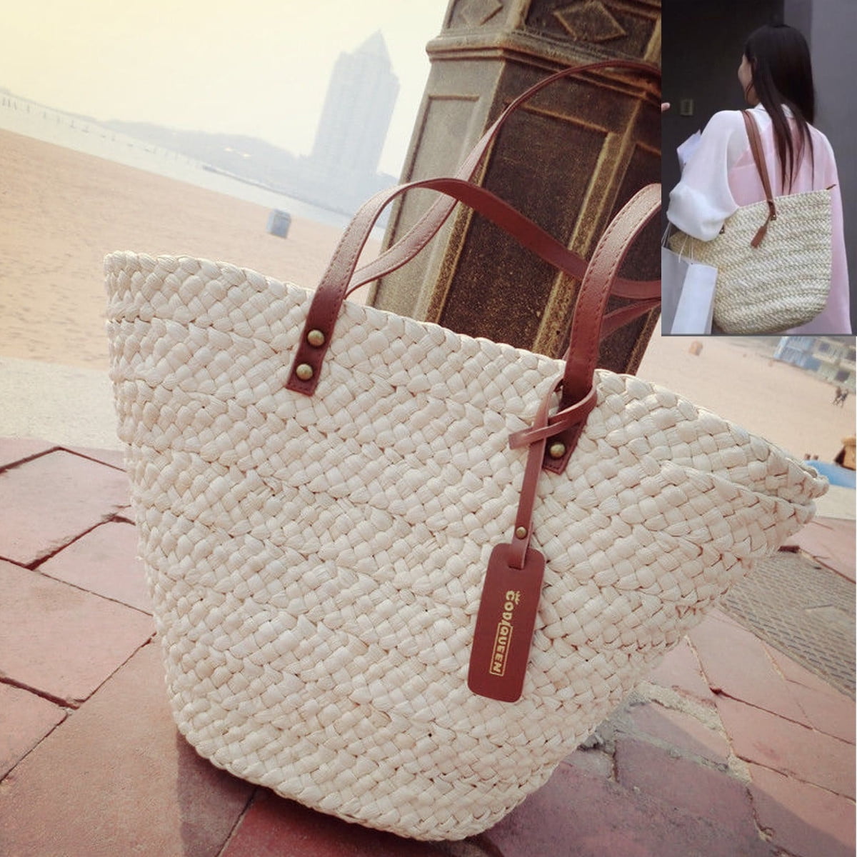 Women Straw Handbag Summer Beach Handmade Knitted Large Shoulder Bag Casual Tote