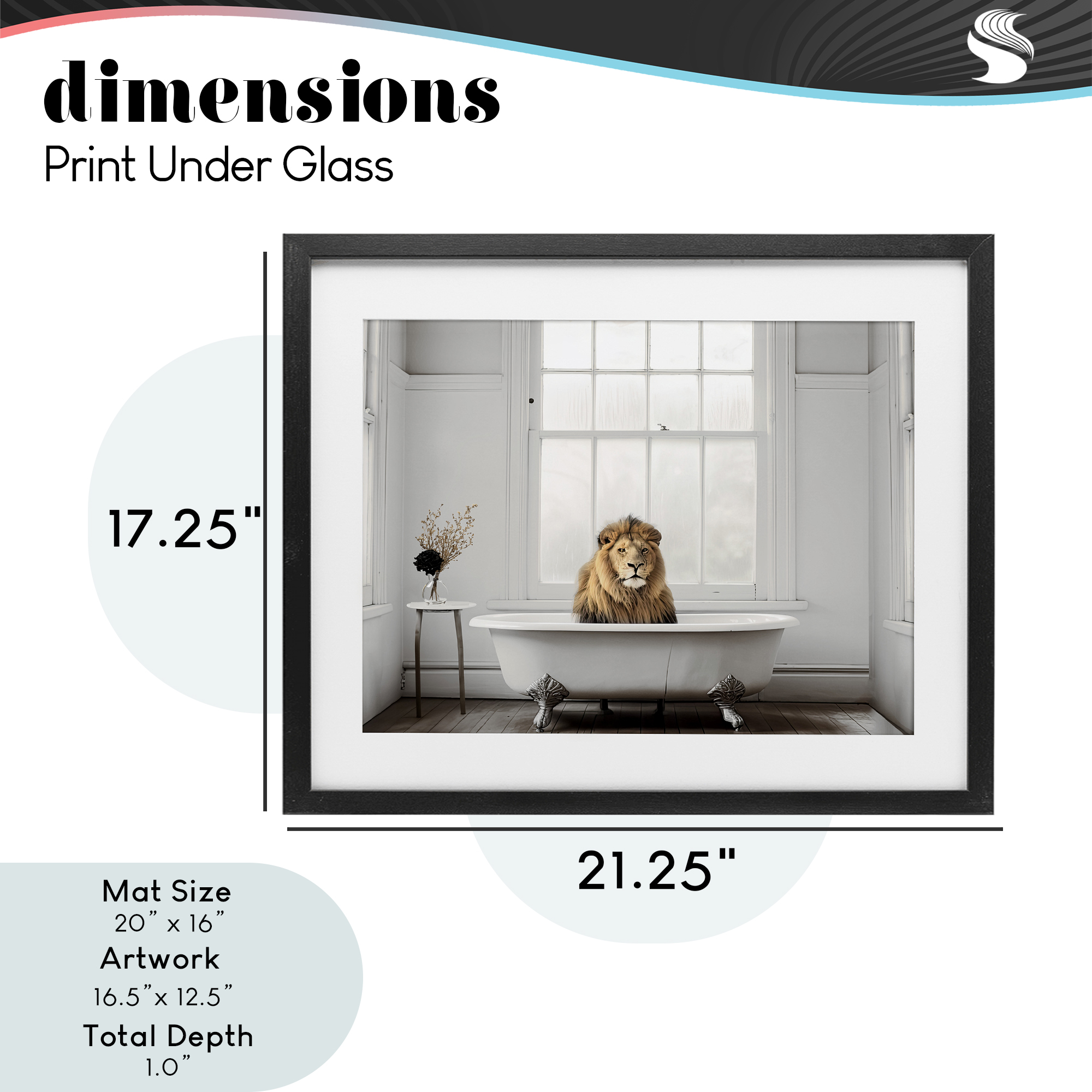 Minimalist Lion Bathtime Black Framed Print Under Glass, design by Sasha