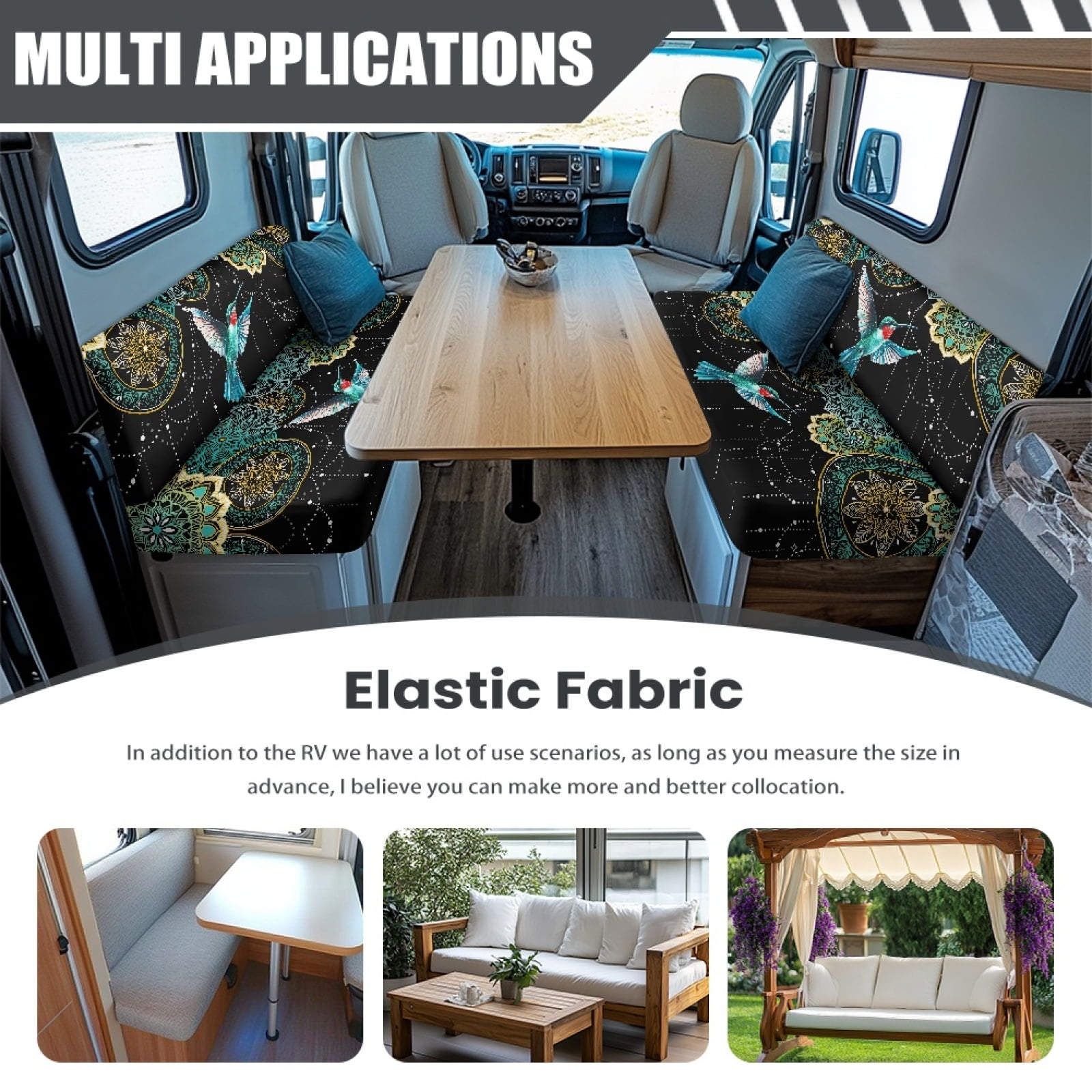 FOR U DESIGNS Boho Mandala Hummingbird Pattern 2 Pcs RV Dinette Cushion Covers Breathable Camper Cushion Slipcover Stretch 2 Seat Sofa Chair Cover Camper Seat Covers Dinette Booth