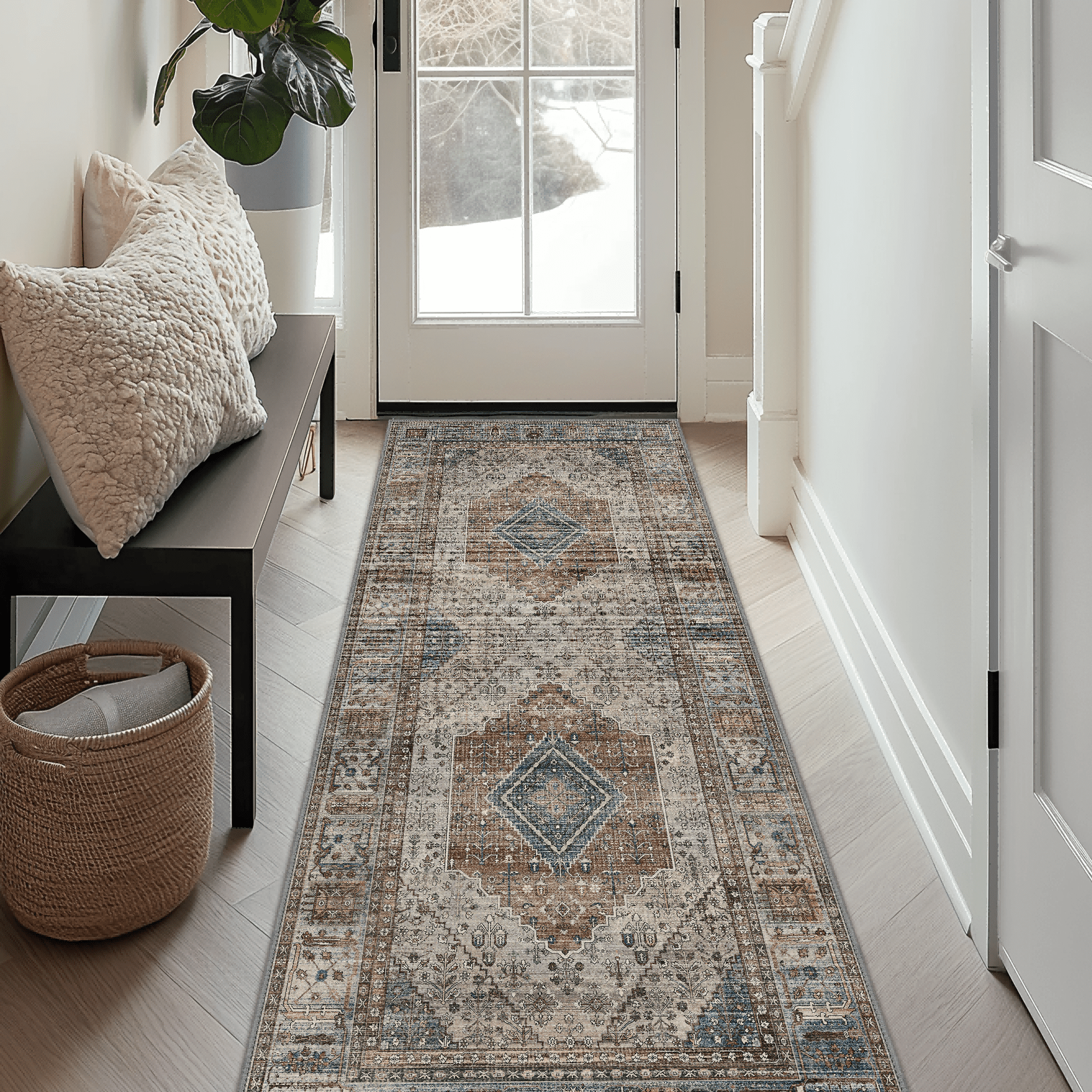 DEORAB Runner Rug 3X8 Non Slip Hallway Vintage Rugs, Machine Washable Lightweight Mat for Living Room, Entryway, Bedroom, Kitchen and Passage, Ultra-Thin, Blue Gray