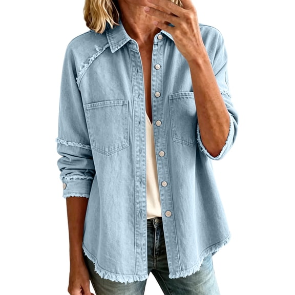 Edvintorg Womens Denim Jacket Plus Size Long Sleeve Ruffle Jean Jackets Turndown Collar Button Down Denim Jackets with Pocket Women Fashion S-3XL Blue