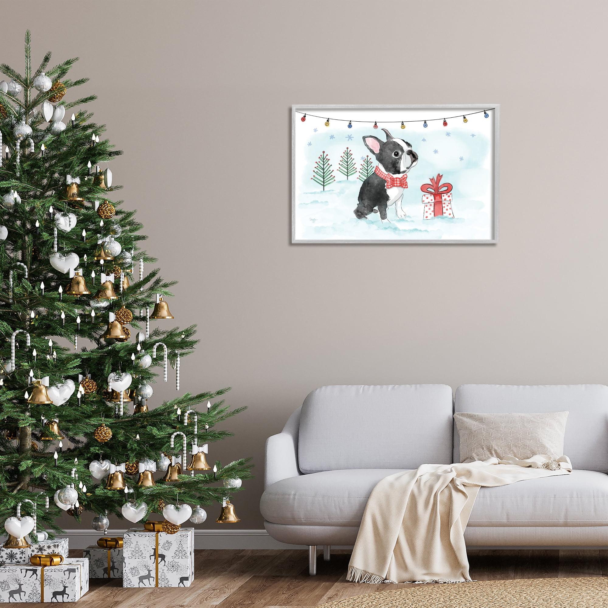 Stupell Industries Snowy Boston Terrier Holiday Painting Gray Framed Art Prints Wall Art, 30 x 20