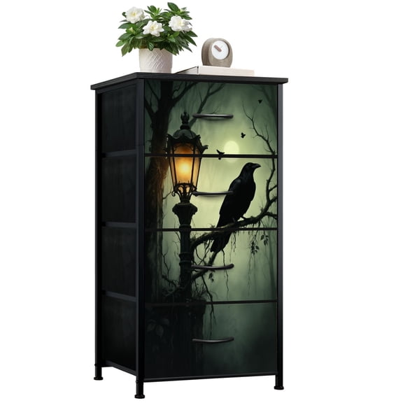 Gothic Dresser for Bedroom with 4 Storage Drawers Gothic Vintage Dark Academia Horror Forest Crow Black Dressers Chest of Drawers Steel Framed Fabric Closet Organizers for Dorm Entryway