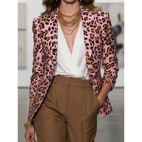 Women's Leopard Print Blazer Jacket, Long Sleeve Lapel Padded Shoulder, Fashion Structured Slimming Office Work Party, Women