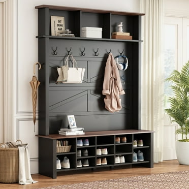 Farmhouse 4-in-1 Hall Tree with 6 Hooks, Practical Walnut Entryway Bench with Adjustable Shelves, Wooden Style Rustic Shoe Organizer with 16 Open Compartments for Mudroom, Living Room, Black