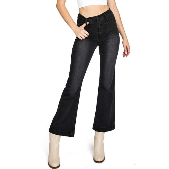 BLACK LABEL by C'est Toi Women's Juniors High Rise Crop Flare Jeans (1, Black)