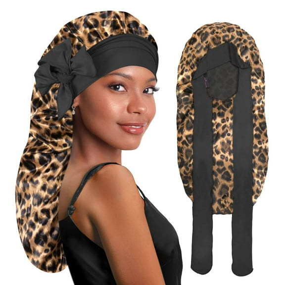 Long Silky Satin Braid Bonnet with Tie Band Leopard