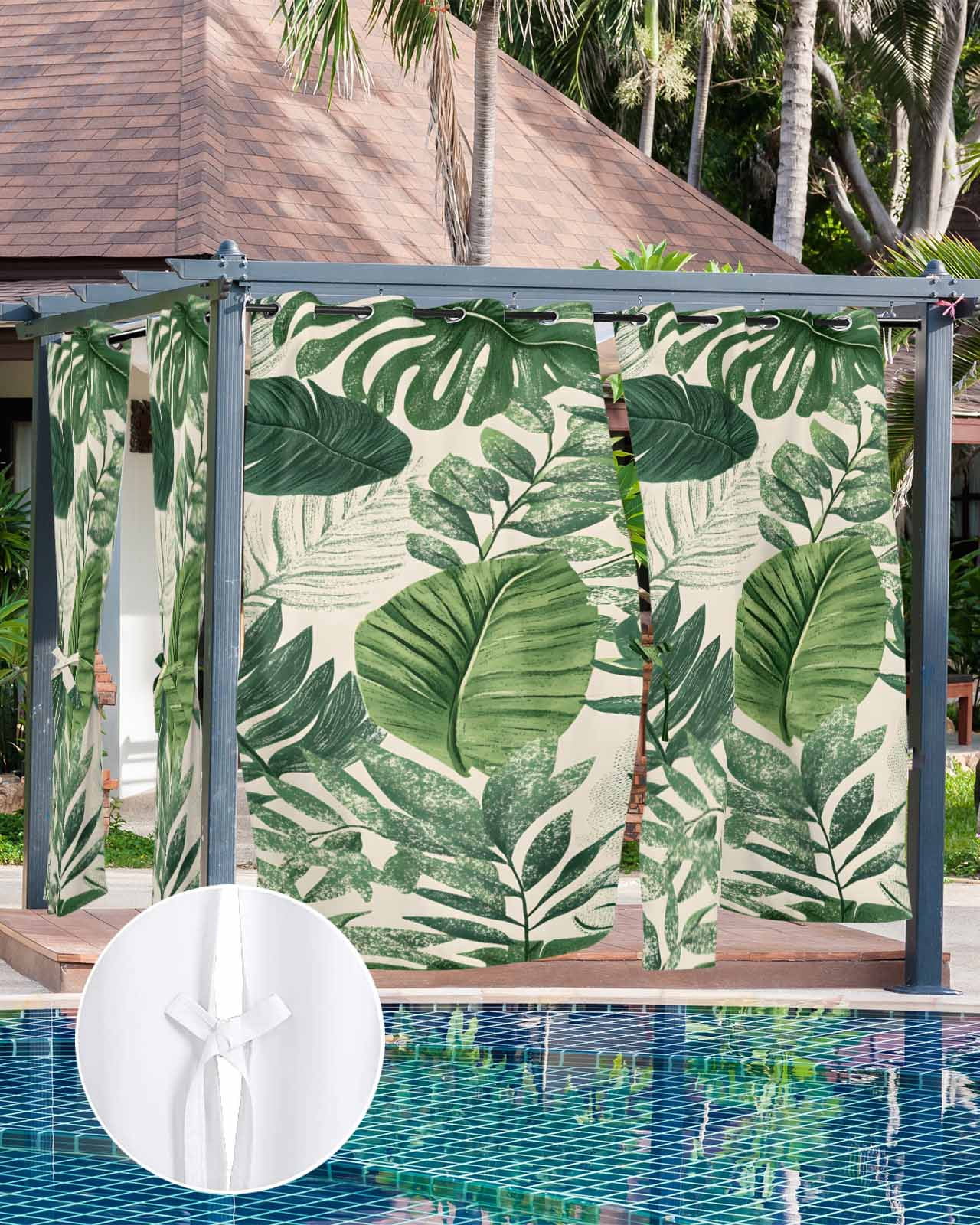 nqOlkjepod Outdoor Curtains for Patio Waterproof, Tropical Leaves Outdoor Privacy Panels Grommet, Vintage Country Summer Green Leaf Plant Blackout Outside Curtains for Porch/Cabana 54"x84", 2 Panels
