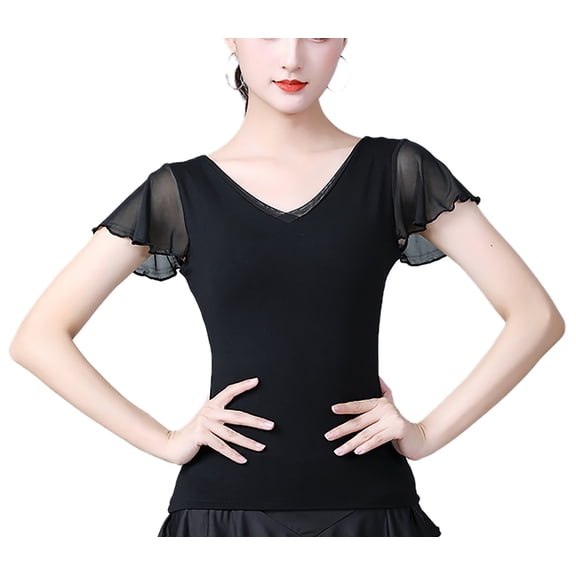 V Cut Neck Frilled Short Sleeves Dance Workout Tops Shirts For Adult Latin Ballroom Salsa Waltz Tango Rumba Cha Cha Cha Pasodoble Dance