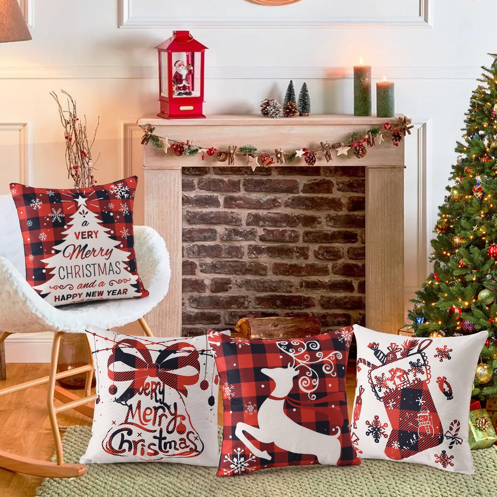 Kidlove Christmas Pillow Covers 18 x 18 Inch Set of 4 Xmas Farmhouse  Buffalo Plaid Christmas Tree Deer Sock Bell Throw Pillow Covers Winter  Holiday Decorations Cushion Case for Home Sofa Couch 