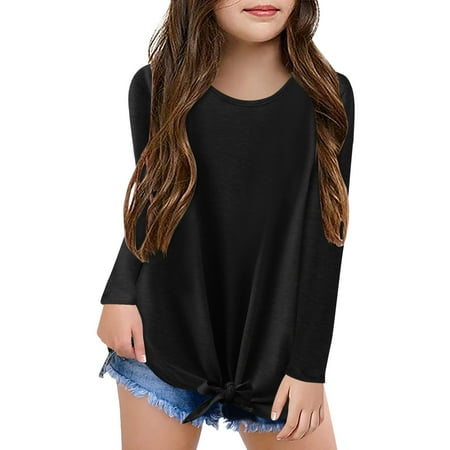 

Hunpta Toddler Kids Little Girl s Crewneck Solid Basic T Shirt Tie Front Knot Tank Tops Long Sleeve Loose Casual Autumn Tee Tops