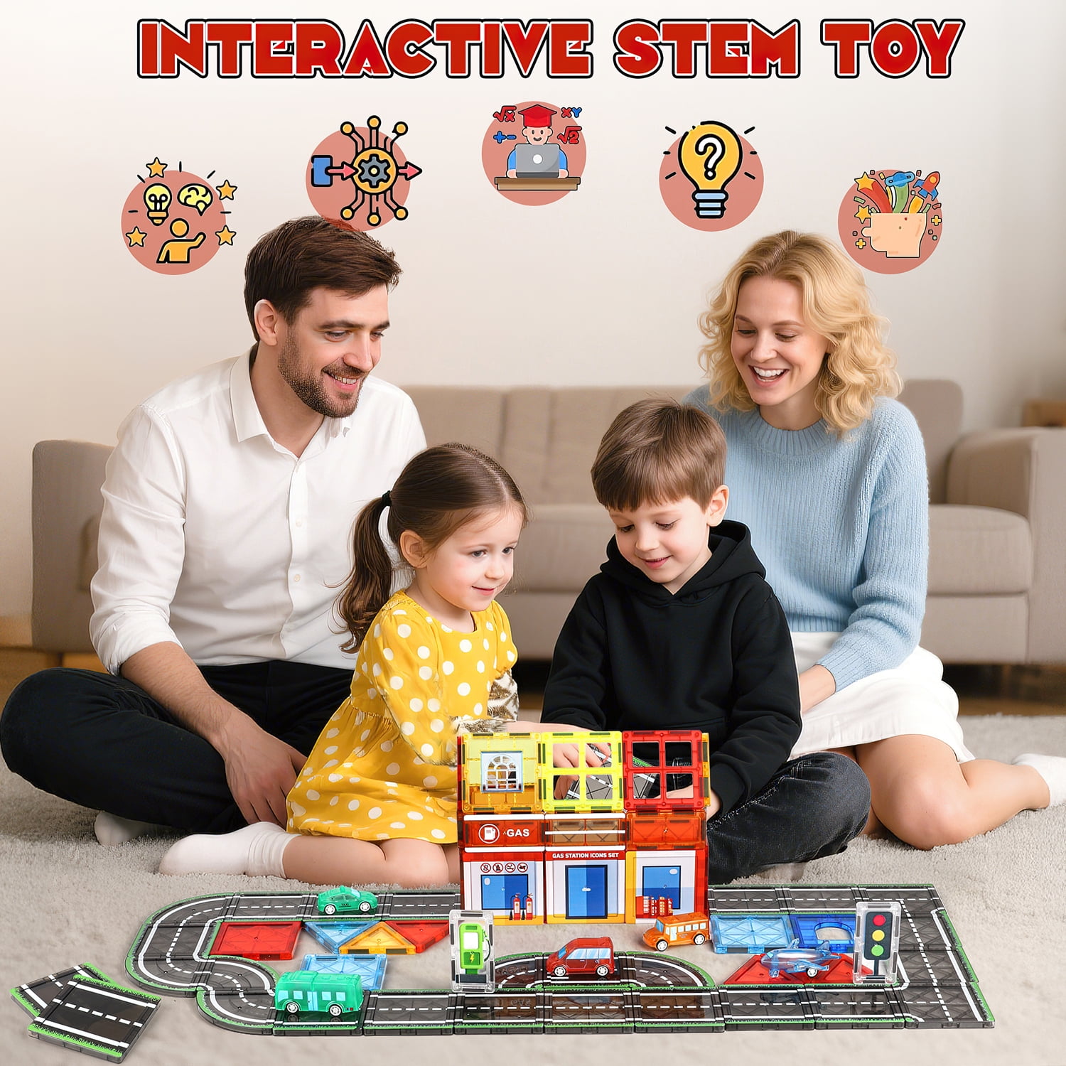 Freecat 63PCS Magnetic Tiles, Gas Stations Building Blocks Toys for Kids Ages 3-12 Years, STEM Educational Toys Christmas Birthday Gift for Kids Boys Girls.