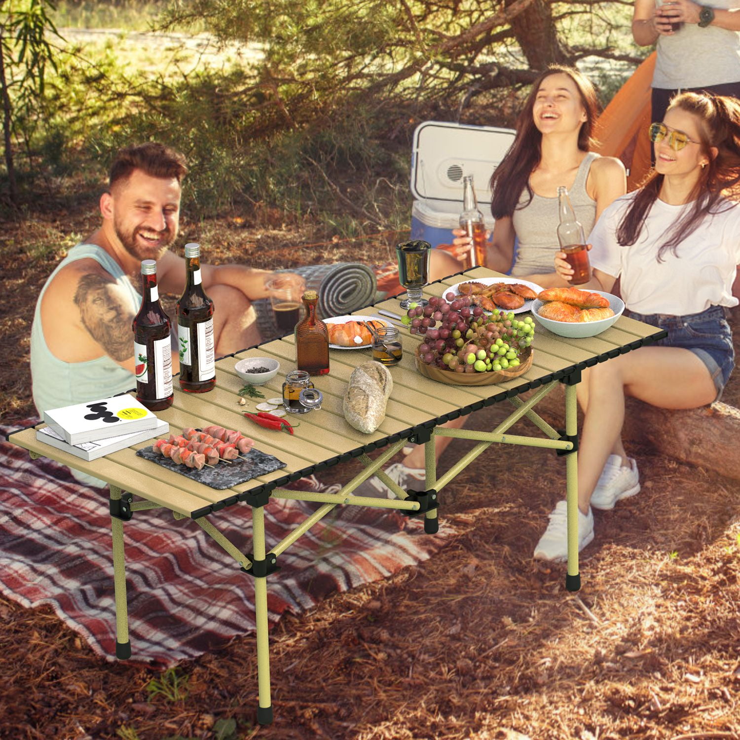 Roll-Up Camping Table ，Portable Upgraded Carbon Steel Table with Heavy Duty Carrying Bag,Portable for 4-6 People, Picnic Barbecue